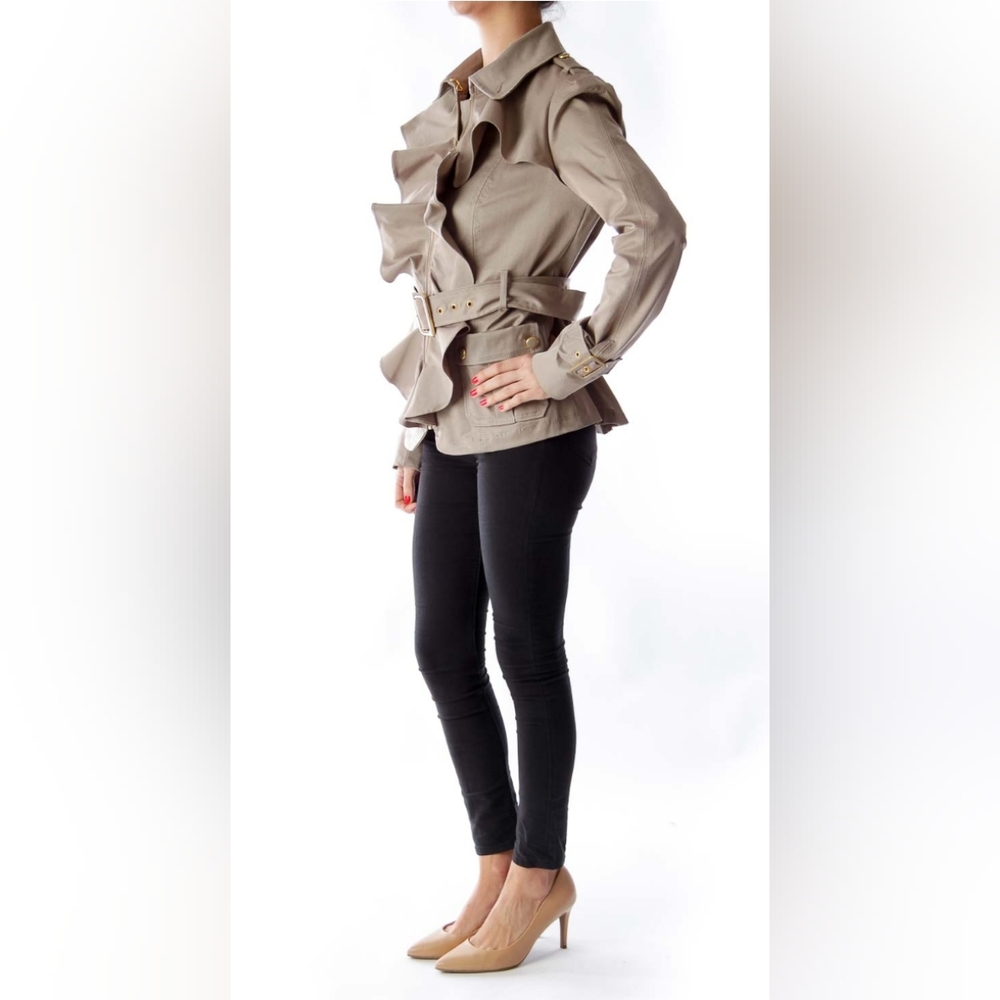 Ruffled Belted Khaki Jacket Utility Trench Romantic Grandmillennial Chic Anthro